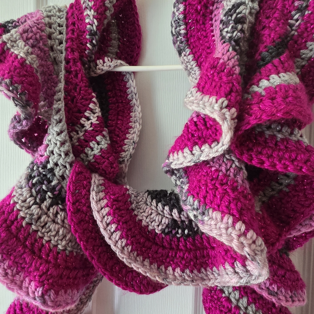 Source Unknown Pink & Gray Crochet Ruffle Scarf